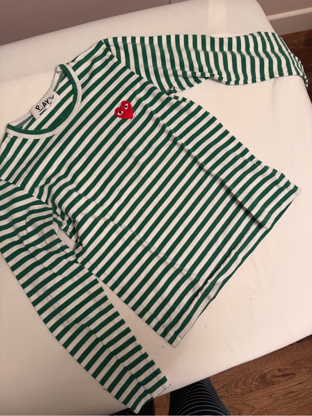 Comme des Garçons Kids Green & White Striped Long-Sleeve Tee with Red Heart